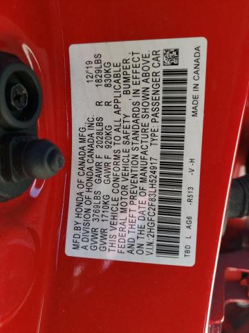 2HGFC2F83LH524917 - 2020 HONDA CIVIC SPORT 红色 照片 12