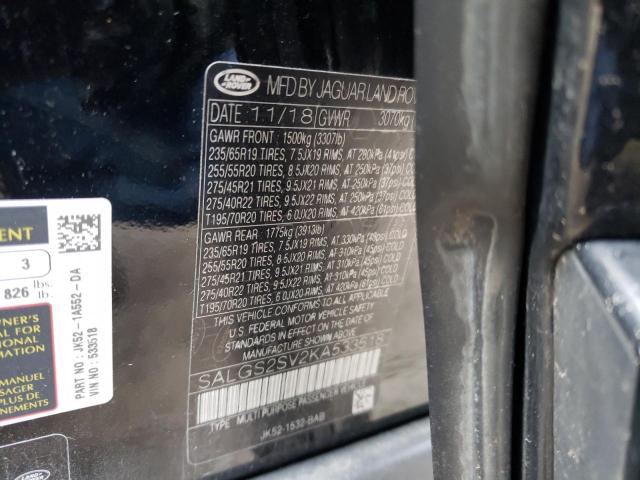 SALGS2SV2KA533518 - 2019 LAND ROVER RANGE ROVE HSE BLACK photo 12