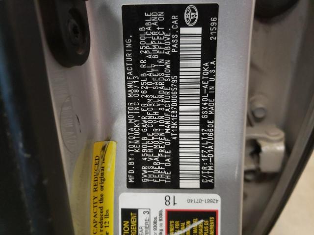 4T1BK1EB7DU065795 - 2013 TOYOTA AVALON BASE SILVER photo 12