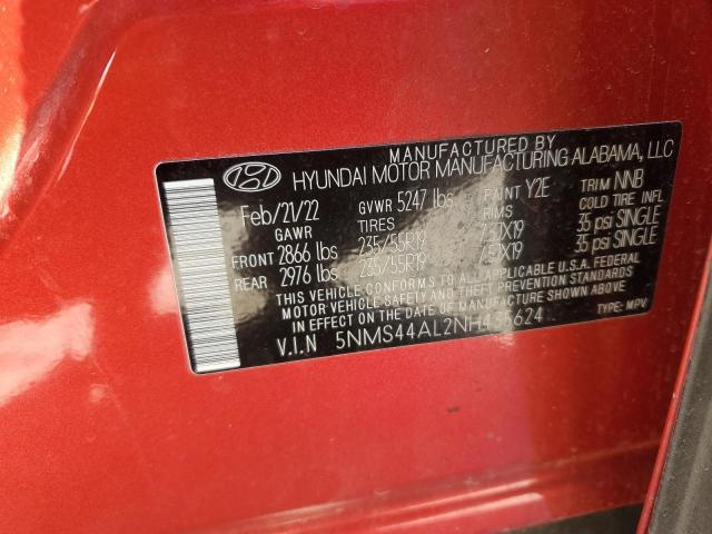 5NMS44AL2NH435624 - 2022 HYUNDAI SANTA FE LIMITED RED photo 12