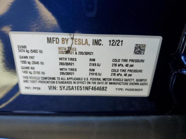5YJSA1E51NF464682 - 2022 TESLA MODEL S Կապույտ լուսանկար 12