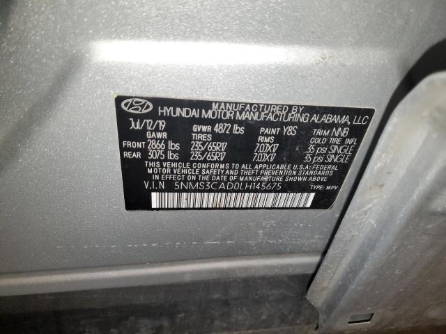 5NMS3CAD0LH145675 - 2020 HYUNDAI SANTA FE SEL Արծաթագույն լուսանկար 12