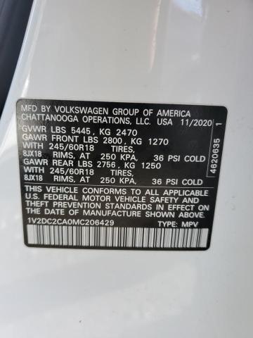 1V2DC2CA0MC206429 - 2021 VOLKSWAGEN ATLAS CROS SE WHITE photo 12