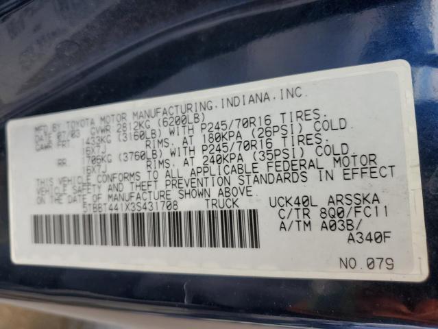 5TBBT441X3S431708 - 2003 TOYOTA TUNDRA ACCESS CAB SR5 BLUE photo 12