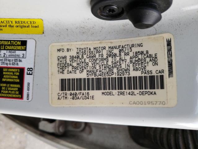 5YFBU4EE5DP192973 - 2013 TOYOTA COROLLA BASE WHITE photo 12