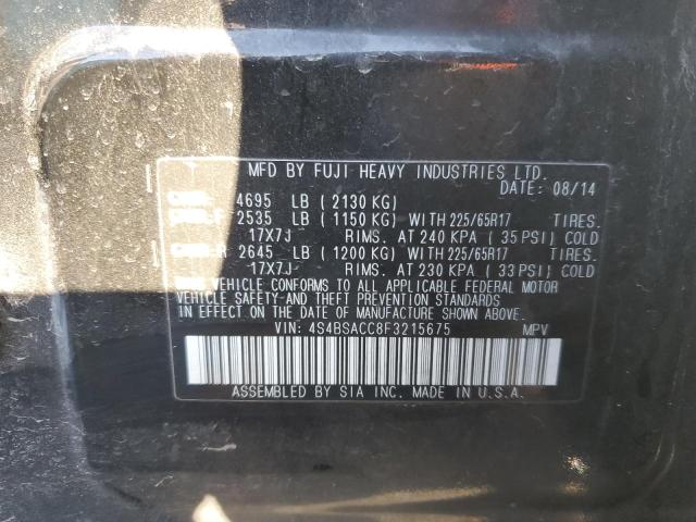 4S4BSACC8F3215675 - 2015 SUBARU OUTBACK 2. BLACK photo 12