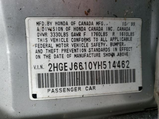 2HGEJ6610YH514462 - 2000 HONDA CIVIC BASE 银色 照片 12