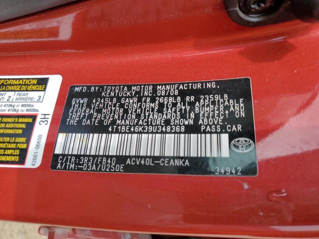 4T1BE46K39U348368 - 2009 TOYOTA CAMRY BASE RED photo 12