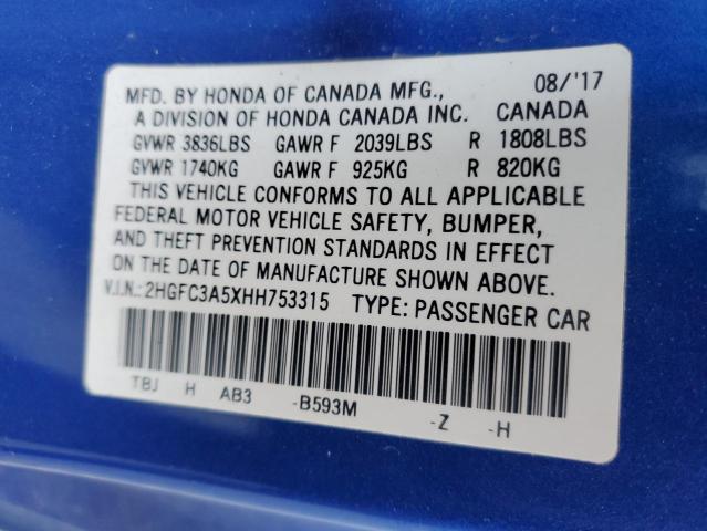 2HGFC3A5XHH753315 - 2017 HONDA CIVIC SI 蓝色 照片 12