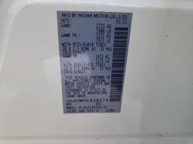 5N1AR2MM7FC658274 - 2015 NISSAN PATHFINDER S 白色 照片 14