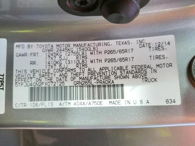 5TFJU4GN2FX072125 - 2015 TOYOTA TACOMA DOUBLE CAB PRERUNNER SILVER photo 12