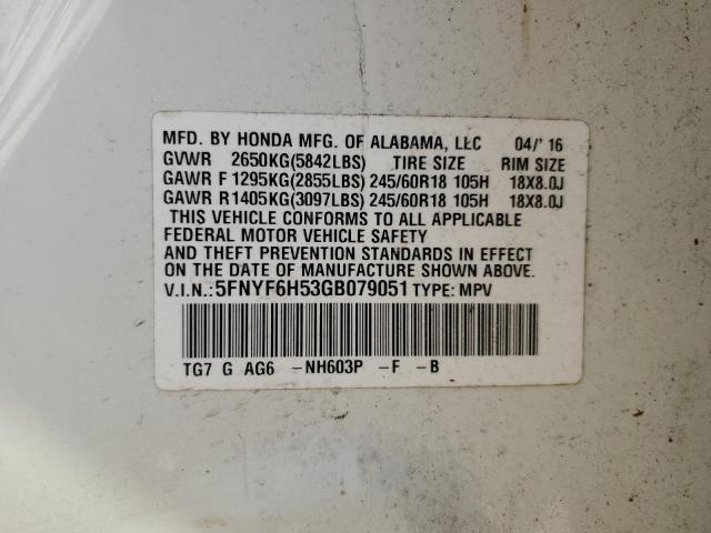 5FNYF6H53GB079051 - 2016 HONDA PILOT EXL WHITE photo 13