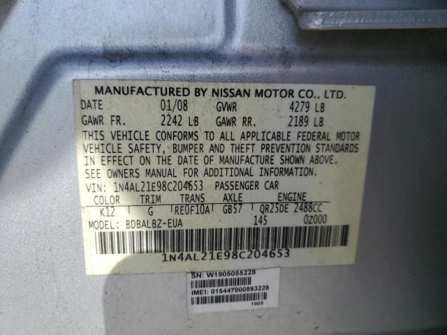 1N4AL21E98C204653 - 2008 NISSAN ALTIMA 2.5 SILVER photo 10