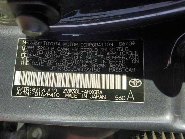 JTDKN3DU3A0022150 - 2010 TOYOTA PRIUS CHARCOAL photo 12