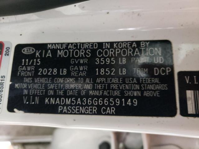 KNADM5A36G6659149 - 2016 KIA RIO LX WHITE photo 12