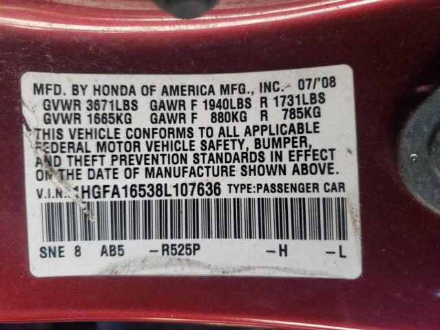 1HGFA16538L107636 - 2008 HONDA CIVIC LX RED photo 12