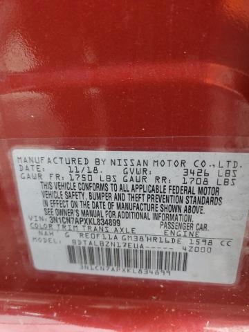 3N1CN7APXKL834899 - 2019 NISSAN VERSA S RED photo 12