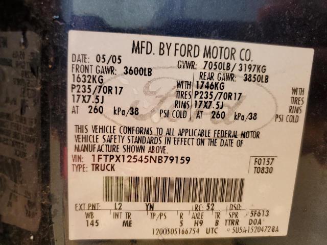 1FTPX12545NB79159 - 2005 FORD F150 BLUE photo 12