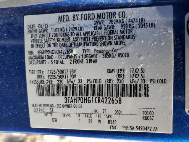 3FAHP0HG1CR422658 - 2012 FORD FUSION SE BLUE photo 12