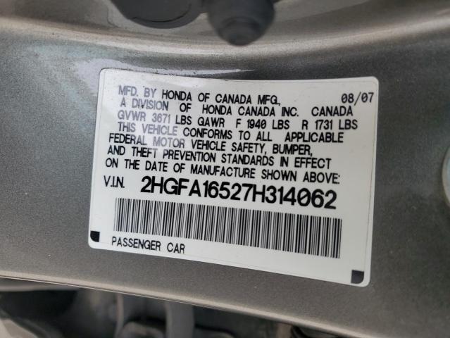 2HGFA16527H314062 - 2007 HONDA CIVIC LX GRAY photo 13