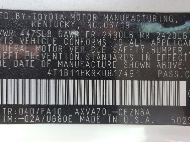 4T1B11HK9KU817461 - 2019 TOYOTA CAMRY L WHITE photo 13