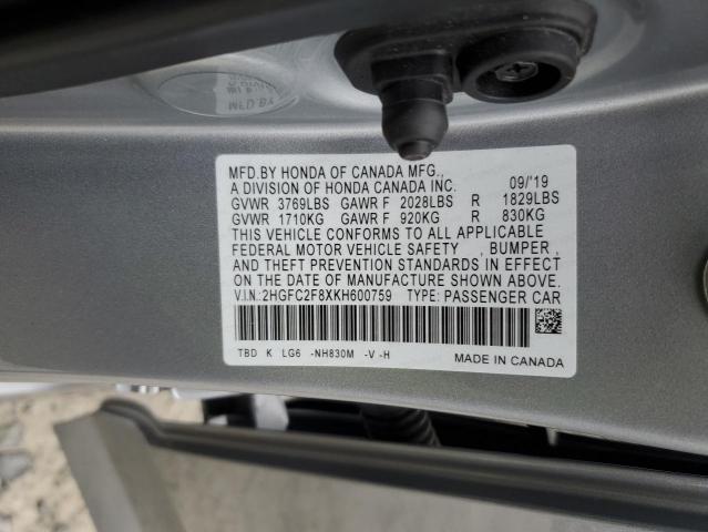 2HGFC2F8XKH600759 - 2019 HONDA CIVIC SPORT 银色 照片 12