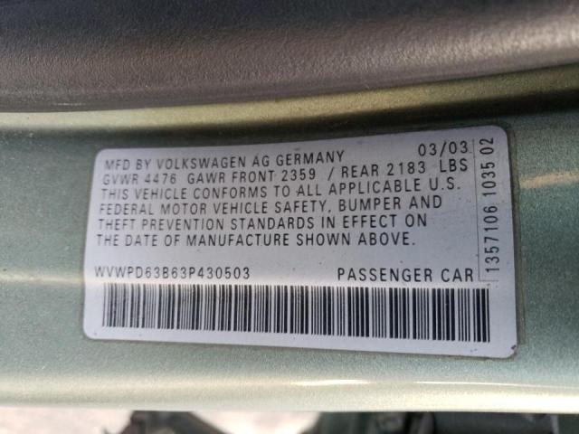 WVWPD63B63P430503 - 2003 VOLKSWAGEN PASSAT GLS GREEN photo 12