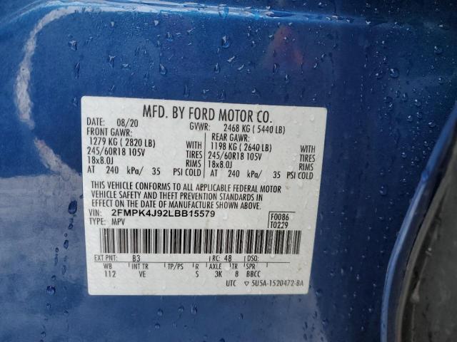 2FMPK4J92LBB15579 - 2020 FORD EDGE SEL BLUE photo 13