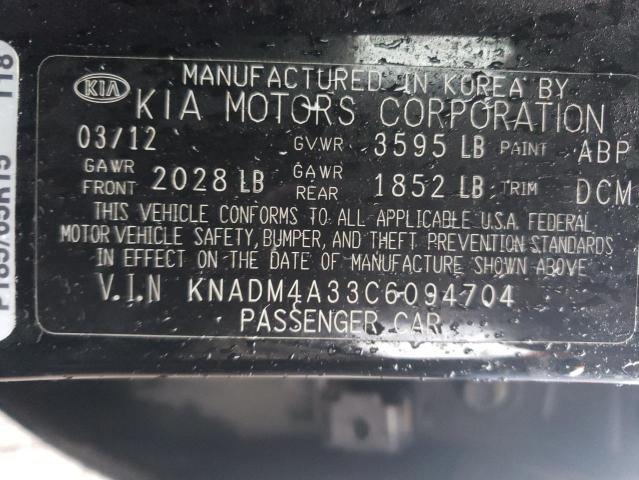 KNADM4A33C6094704 - 2012 KIA RIO LX BLACK photo 12