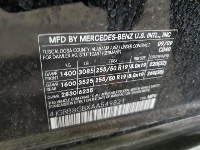 4JGBB8GBXAA549821 - 2010 MERCEDES-BENZ ML 350 4MATIC BLACK photo 12