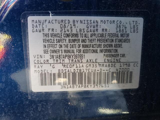 3N1AB7AP8KY397651 - 2019 NISSAN SENTRA S BLUE photo 12