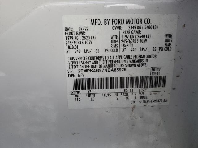 2FMPK4G97NBA85926 - 2022 FORD EDGE SE WHITE photo 13