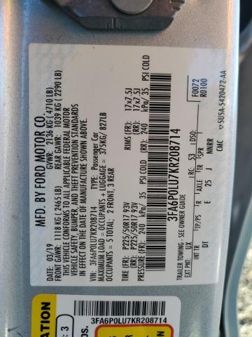 3FA6P0LU7KR208714 - 2019 FORD FUSION SE SILVER photo 13