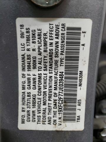 19XFC2F77JE039484 - 2018 HONDA CIVIC EX SILVER photo 12