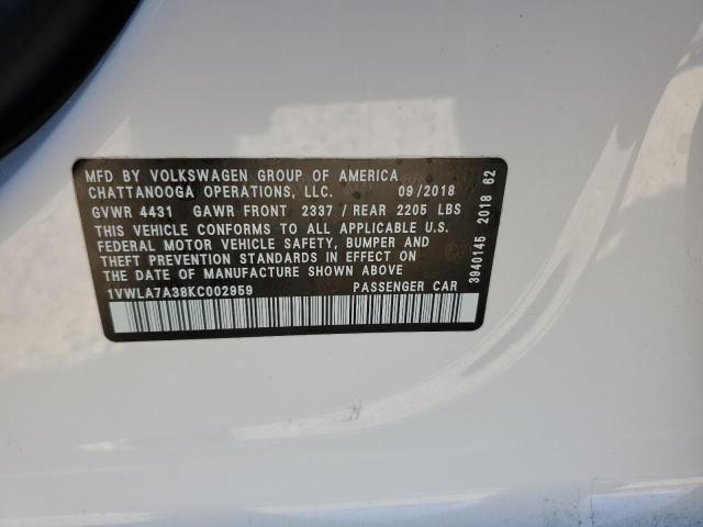 1VWLA7A38KC002959 - 2019 VOLKSWAGEN PASSAT WOLFSBURG Blanco foto 12