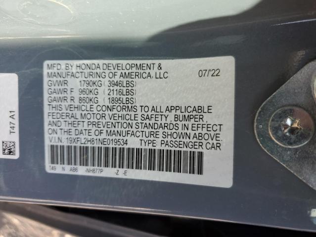 19XFL2H81NE019534 - 2022 HONDA CIVIC SPORT GRAY photo 12