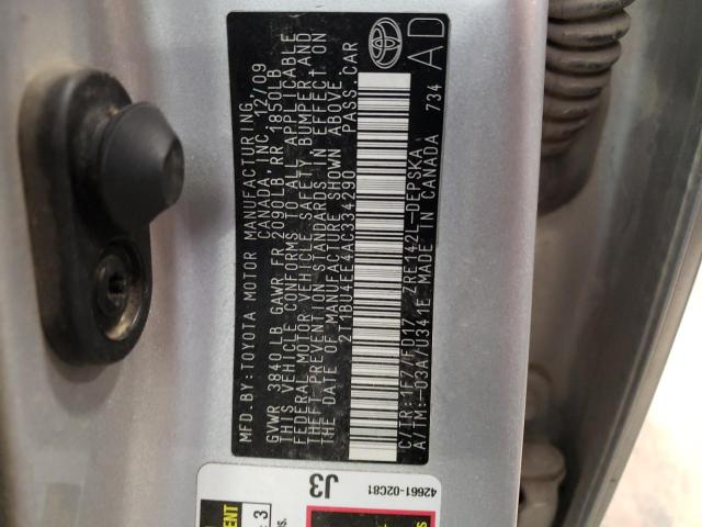 2T1BU4EE4AC334290 - 2010 TOYOTA COROLLA BASE SILVER photo 12