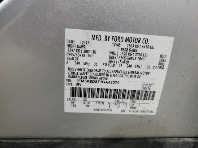 1FM5K8D87JGA43379 - 2018 FORD EXPLORER XLT SILVER photo 12