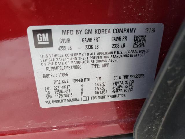 KL79MPSL4MB120998 - 2021 CHEVROLET TRAILBLAZE LT RED photo 12