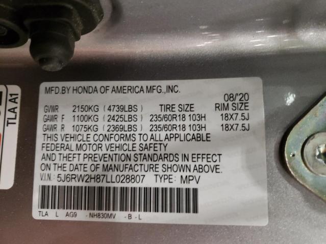 5J6RW2H87LL028807 - 2020 HONDA CR-V EXL SILVER photo 13