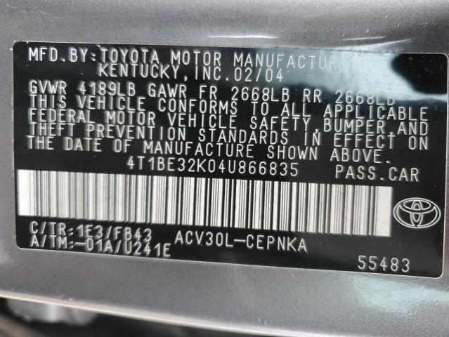 4T1BE32K04U866835 - 2004 TOYOTA CAMRY LE GRAY photo 12