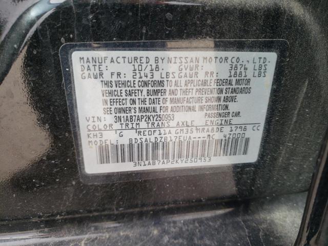 3N1AB7AP2KY250953 - 2019 NISSAN SENTRA S BLACK photo 12