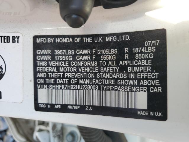 SHHFK7H92HU233003 - 2017 HONDA CIVIC SPORT TOURING WHITE photo 13