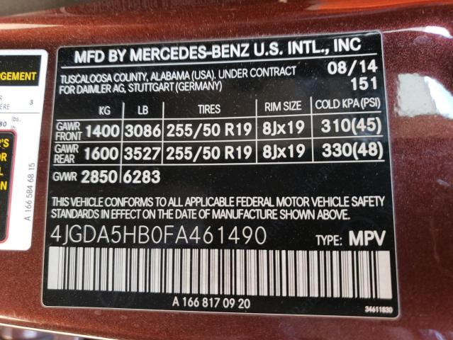 4JGDA5HB0FA461490 - 2015 MERCEDES-BENZ ML 350 4MATIC BURGUNDY photo 14
