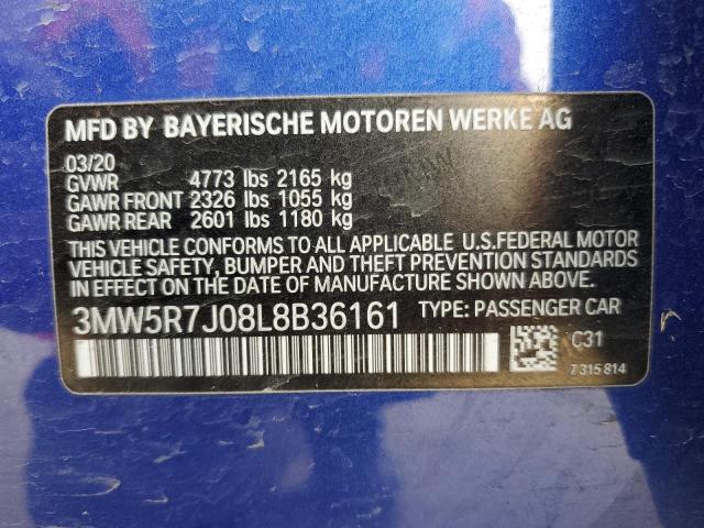 3MW5R7J08L8B36161 - 2020 BMW 330XI BLUE photo 12