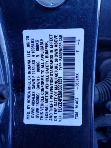 19XZE4F93ME001551 - 2021 HONDA INSIGHT TOURING BLUE photo 12