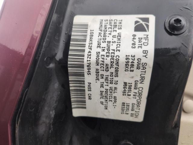 1G8AK52F43Z176945 - 2003 SATURN ION LEVEL 3 BURGUNDY photo 12
