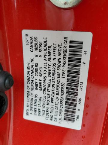 2HGFC4B86KH300380 - 2019 HONDA CIVIC SPORT 红色 照片 12