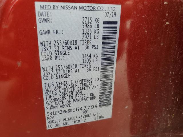 5N1DR2MN8KC647798 - 2019 NISSAN PATHFINDER S RED photo 13