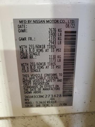 5N1DR3CC8NC273428 - 2022 NISSAN PATHFINDER SL WHITE photo 13